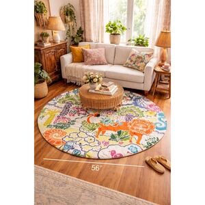 Anthropologie Crewel 56" Round Rug Dream Menagerie Boho Maximalist Cottagecore